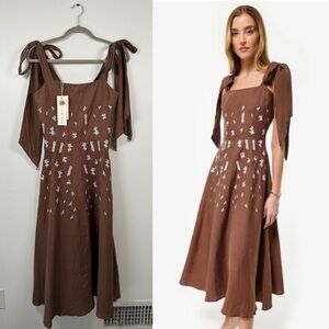 Fanm Mon Linen Mimose Brown Flower‎ Embroidered Pockets Dress $389